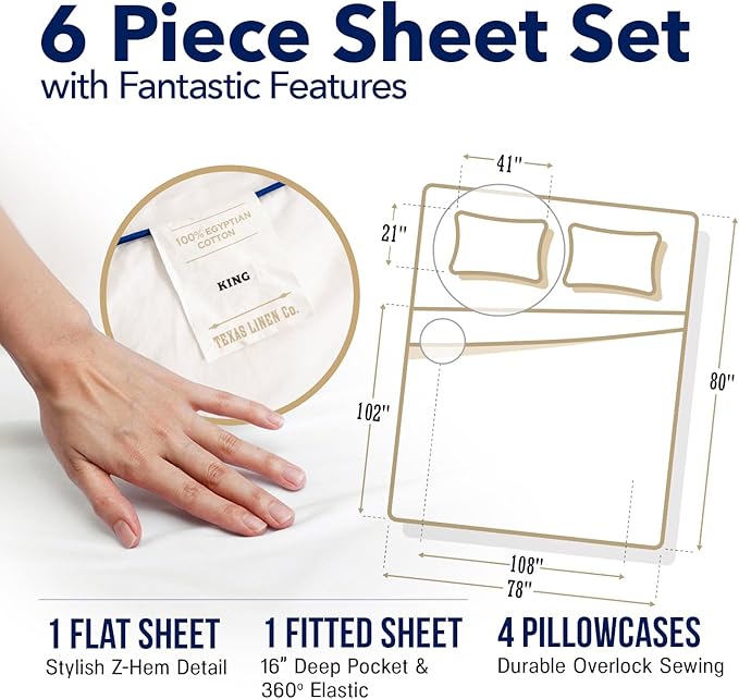 TEXAS LINEN CO. Luxury Egyptian Cotton King Size Sheet Set - 1000 Thread Count 6 Piece King Sheets with 4 Pillowcases, Soft, Cooling Sateen Weave Hotel Bed Sheets - Fits Upto 18” Deep Pocket, Ivory