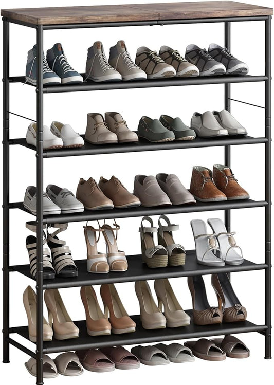 Shoe Rack Organizer 5 Tier Metal Organizer Shelf with Industrial MDF Board and Layer Fabric for Entryway Closet Bedroom Living Room Garage,Black & Rustic Brown (Black+Rustic Brown, 6 Tier)