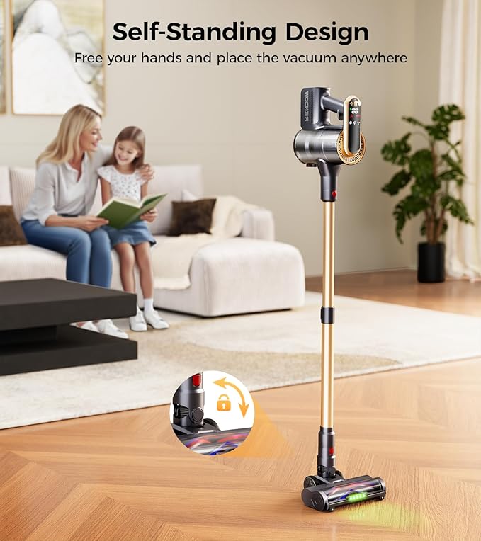 Cordless Vacuum Cleaner, 550W 45Kpa 65Mins Stick Vacuum, Self-Standing Vacuum Cleaners for Home with Wall Dock, LED Display, Anti-tangle Rechargeable Vacuum Cordless for Pet Hair/Carpet/Hard Floor