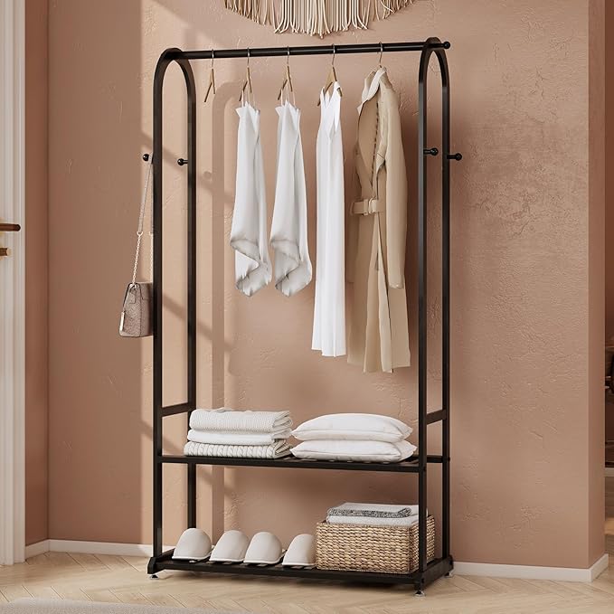 Heavy Duty Clothes Rack,Sturdy Metal Garment Racks for Hanging Clothes,Clothing Racks with bottom shelves & 6 Hooks,Multi-Functional Closet Rack for Bedroom Living room