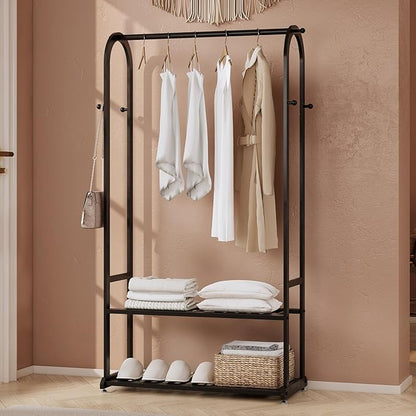 Heavy Duty Clothes Rack,Sturdy Metal Garment Racks for Hanging Clothes,Clothing Racks with bottom shelves & 6 Hooks,Multi-Functional Closet Rack for Bedroom Living room