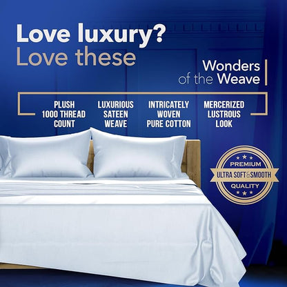 TEXAS LINEN CO. Luxury Egyptian Cotton Split Sheet Set - 1000 Thread Count 5 PC Cotton Sheets for Adjustable Bed, Soft, Cooling Extra Long Staple Sateen Sheets - Fits upto 18” Deep Pocket - Light Blue