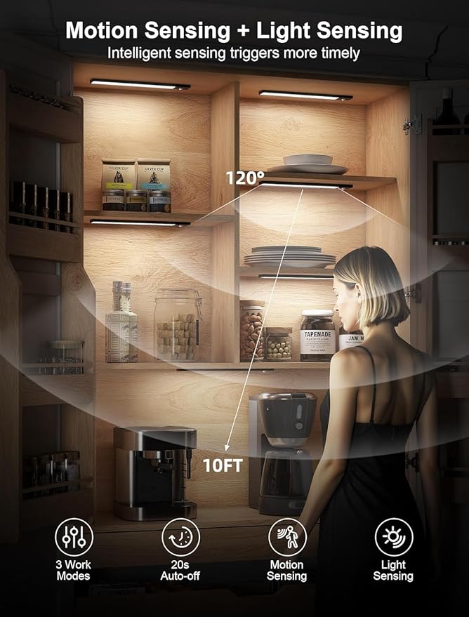 8pack Under Cabinet Lighting Wireless,56 LED -3 Color& 7 Levels Cabinet Lights,3000mah Dimmable Cabinet Lighting, Motion Sensor Sensor Light Indoor for Kitchen, Magnetic Rechargeable Lights