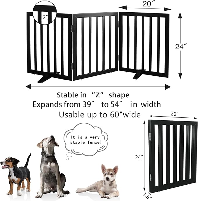 Dog Gate Indoor, Freestanding Dog Fence for The House, Doorways, Hallways,or Stairs,Pet Gate Foldable Wooden,Expandable 24" Height 3 Panels,Black