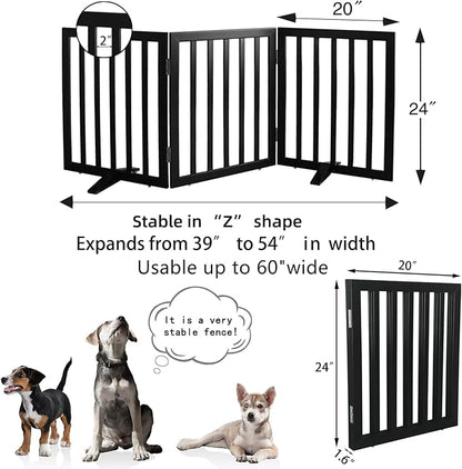 Dog Gate Indoor, Freestanding Dog Fence for The House, Doorways, Hallways,or Stairs,Pet Gate Foldable Wooden,Expandable 24" Height 3 Panels,Black