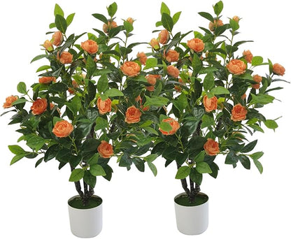 Artificial Camellia Tree 35in Faux Floral Plant with Orange Flowers and Green Leaves - No Maintenance Indoor Outdoor Office Home Porch Decor Housewarming Gift(2-Pack，Orange)