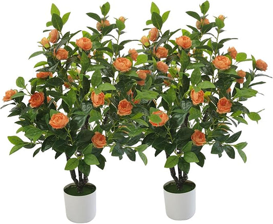 Artificial Camellia Tree 35in Faux Floral Plant with Orange Flowers and Green Leaves - No Maintenance Indoor Outdoor Office Home Porch Decor Housewarming Gift(2-Pack，Orange)