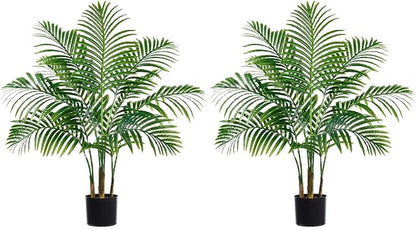 2 Pack Artificial Palm Tree 3FT Artificial Plants Indoor Tropical Fake Palm Tree Areca Floor Plant in Black Pot with 9 Trunks & Real Bark Design, Faux Palm Plant for Outdoor Patio Home Office Decor