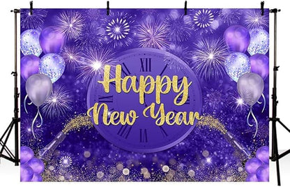 MEHOFOND Happy New Year Backdrop Purple 2026 New Year Eve Party Decorations Banner Supplies Shining Champagne Balloons Firework Photography Background New Years Eve Photo Studio Props 8x6ft