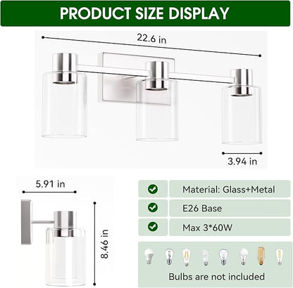 3-Light Brushed Nickel Wall Sconces for Bathroom, Modern Vanity Light Fixtures Over Mirror, Wall Lamp with Clear Glass Shade, E26 Wall Sconces Over Mirror for Bathroom, Living Room, Hallway