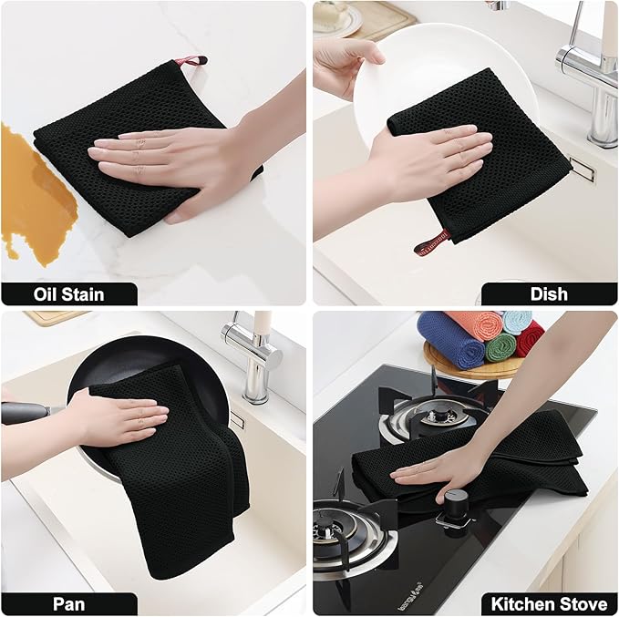 Homaxy 100% Cotton Kitchen Towels and Dishcloths Set, 12 x 12 Inches and 13 x 28 Inches, Set of 16 Bulk Kitchen Towels Set, Ultra Soft Absorbent Dish Cloths for Washing Dishes, Black