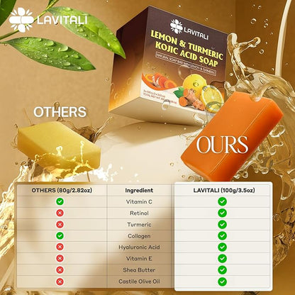 LaVitali, Premium 6 Bars Kojic Acid Soat with Lemon Turmeric, Natural soap, Handmade, Sugar/Caffeine/Gluten Free, 100% Natural & Pure, Great For All Skin Types Body Care Body Wash