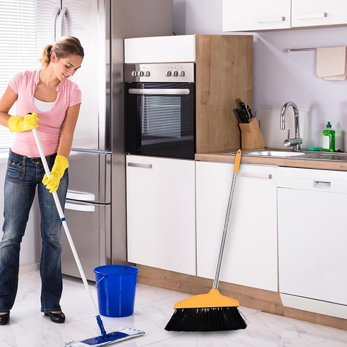 Gatuida Soft Bristle Angle Broom with Dustpan Set Long Handle Floor Broom for Pet Hair and Garage Cleaning for Indoor Kitchen and Outdoor Use Orange