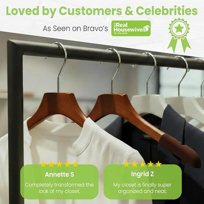 Premium Luxe Wood Coat Hangers, Wide Shoulder Wooden Jacket Hangers with Velvet Grip, Heavy Duty Luxury Hangers for Coats & Blazers, High Gloss Brown with Brown Velvet, 30 Pack