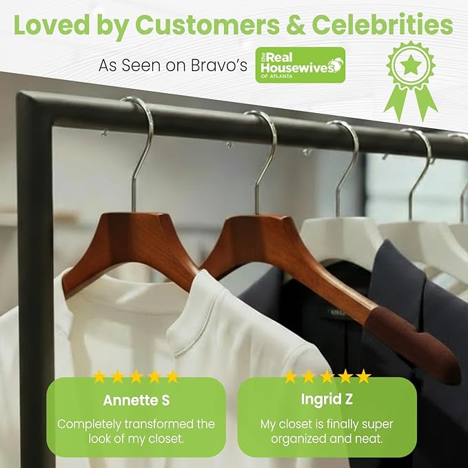 Premium Luxe Wood Coat Hangers, Wide Shoulder Wooden Jacket Hangers with Velvet Grip, Heavy Duty Luxury Hangers for Coats & Blazers, High Gloss Brown with Brown Velvet, 12 Pack