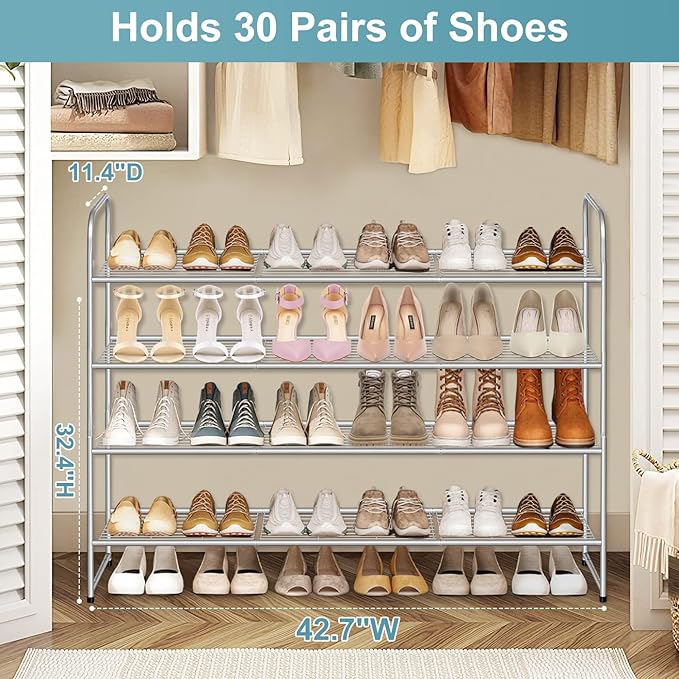 AOODA Long 4 Tier Shoe Rack for Closet Metal Wide Shoe Storage Organizer for Entryway, Bedroom, Floor, Holds 30 Pairs Men Sneakers Stackable Boot Shelf with Wire Grid, Grey