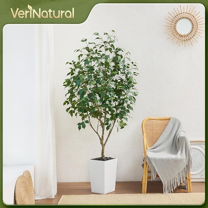 6ft Tall Artificial Ficus Tree in White Planter with Pebbles | UV Resistant Faux Tree for Indoor & Outdoor | Realistic Floor Plant Decor for Home, Office (VN128)