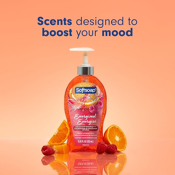 Softsoap Energized Liquid Hand Soap, Paraben Free, pH Balanced, Raspberry and Mandarin Scent, 11.25 fl oz Pump Bottle, 6 pack