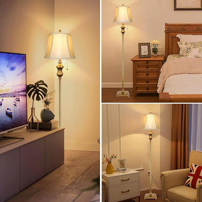 Gold Vintage Floor Lamp for Living Room, Traditional Mid-century Floor Lamp with Elegant Silk Fabric Lampshade, 64inch Tall Standing Lamp Bedroom LED Pole Lamp, Retro Stand Up Lamp for Home Office