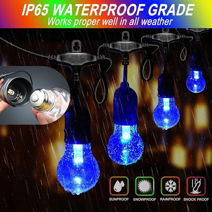 144FT Outdoor String Lights with 32 RGB Color Changing E26 Bulbs - Dimmable Shatterproof Edison Patio Lights for Backyard, Garden, Porch Controllers