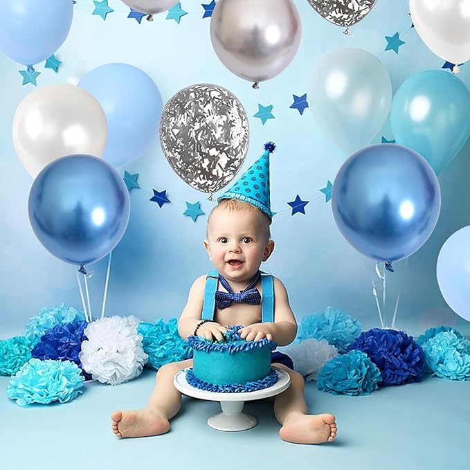 Metallic Blue Silver Balloon, 60 Pcs 12 Inches Chrome Blue White Balloon with Silver Balloons Glitter Confetti Balloons for Boys Baby Shower, Birthday, Baptism,Wedding Decorations