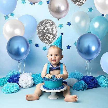 Metallic Blue Silver Balloon, 60 Pcs 12 Inches Chrome Blue White Balloon with Silver Balloons Glitter Confetti Balloons for Boys Baby Shower, Birthday, Baptism,Wedding Decorations