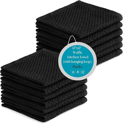 Cotton Waffle Weave Wash Cloths - Pack of 12 (12x12 Inches) | Ultra Soft, Absorbent Dish Cloth | Quick Dry, Dish Cloths & Dish Rags - Black (Kitchen Essentials)