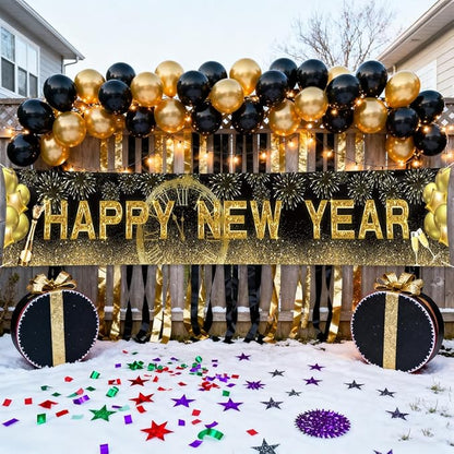New Years Eve Banner for 2026, Gold Happy New Year Backdrop Great New Yeras Decorations for Outdoor Indoor Home Wall 118x19.69inch