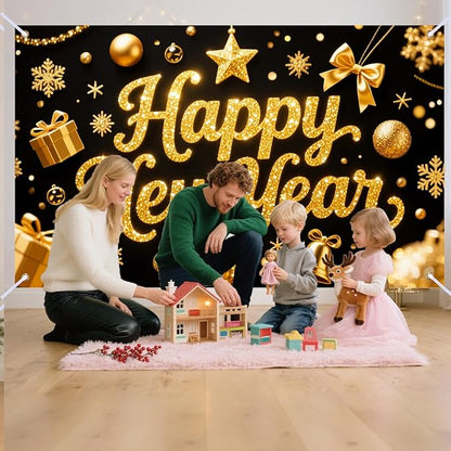 Nuxovilar Happy New Year Banner, Golden Opulent Elements Backdrop for Party Decorations, 71x43 Inch