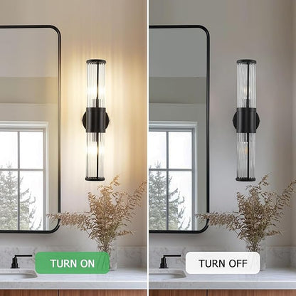 JOOSENLUX Black Vanity Light, Set of 2 Bathroom Sconces with E12 Base and Glass Rod Design – Modern Bathroom Vanity Light Fixture for Mirror, Powder Room, Bedroom, Hallway