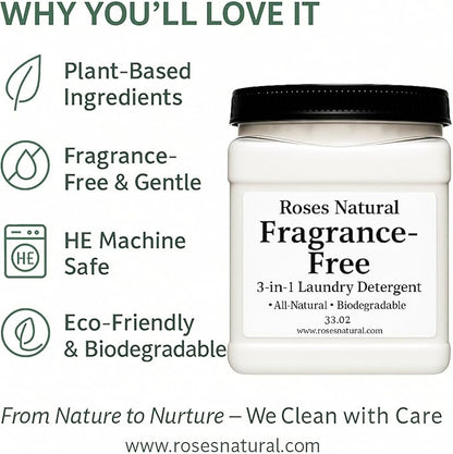 Fragrance Free 3-in-1 Laundry Powder Detergent – Plant-Based, Hypoallergenic, No Added Fragrance or Dyes, Safe for Sensitive Skin, Biodegradable & HE Machine Safe, 32 oz
