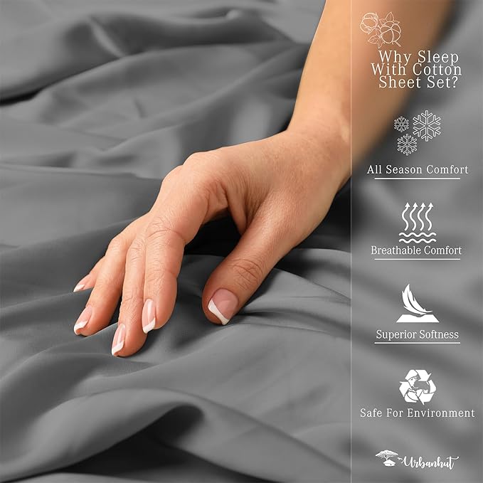 URBANHUT 800 Thread Count Egyptian Cotton Sheets Twin Size, Long Staple Sheets Set for Twin Size Bedding, 3 Pc Bed Sheet Sets, Luxury Hotel Sateen Sheets Fits 16" Deep Pocket - Dark Grey