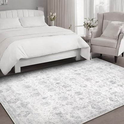 Washable 5×7 Area Rug for Living Room, Vintage Floral Rug Soft Non Slip Stain Resistant Boho Carpet for Bedroom Dinning Room Kitchen Home Office Grey
