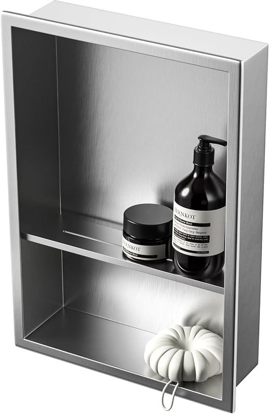 Stainless Steel Shower Niche 18" X 12" Brushed No Tile Needed Wall Niche Double Shelves Recessed Shower Shelf for Bathroom Storage Over Mount Installation