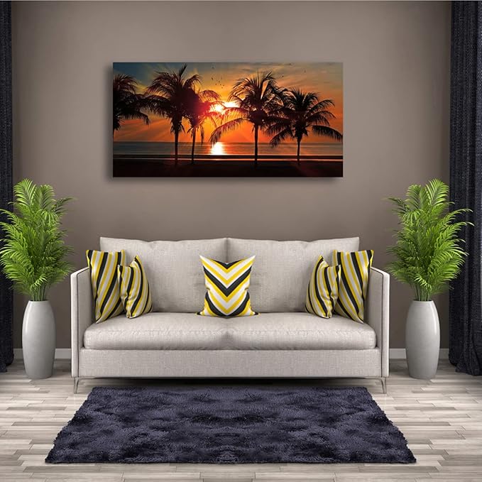 Beach Canvas Wall Art Seascape Theme Pictures Home Decor Blue Ocean Coconut Tree Sunset Prints Paintings for Living Room Bathroom Bedroom Kitchen Office Decoration Natural Scenery Artwork 24x48inches