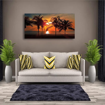 Beach Canvas Wall Art Seascape Theme Pictures Home Decor Blue Ocean Coconut Tree Sunset Prints Paintings for Living Room Bathroom Bedroom Kitchen Office Decoration Natural Scenery Artwork 24x48inches