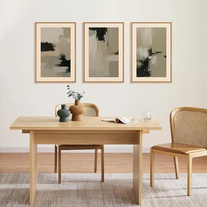 HLNIUC Abstract Neutral Wall Art, Minimalist Black Tan Canvas Wall Decor, Modern Paint Stroke 16"x24" Framed Art Set of 3, Earth Tone Shapes Prints for Living Room, Bedroom, Office