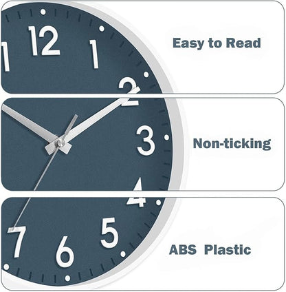 Mosewa Wall Clock 10 Inch, Battery Operated Silent Non-Ticking Modern Analog Clock Decorative for Kitchen, Bedroom, Office(Azure Blue)
