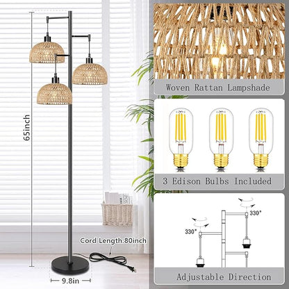 Floor Lamp for Living Room,Bedroom,3-Lights Boho Rattan Floor Lamps,Tree Farmhouse Industrial Black Standing Lamp Wicker Rustic Tall Lamp,Woven Bamboo LampShade Floor Light Bohemian