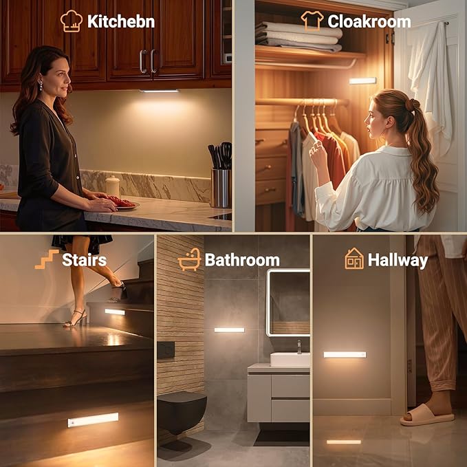 Under Cabinet Lights, Motion Sensor Magnetic LED Light, 12 inch 1500mAh Rechargeable Battery Dimmable Lights with 3 Color Temps, Indoor Wireless Lighting for Kitchen, Closet, Pantry, Counter, 4 Pack
