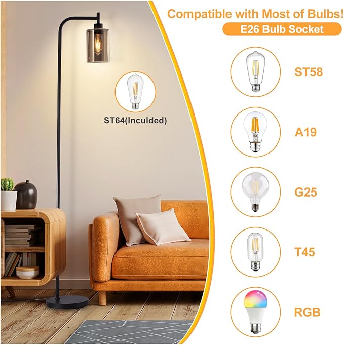DLLT Floor Lamp Tall for Room: Black Standing Lamp with Grey Glass Lampshade for Living Room - Modern Bright Lamp for Bedroom - Industrial Corner Floor Lamps for Office 8W Led Bulb Included