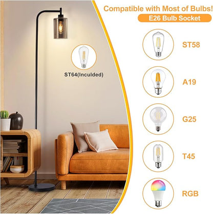 DLLT Floor Lamp Tall for Room: Black Standing Lamp with Grey Glass Lampshade for Living Room - Modern Bright Lamp for Bedroom - Industrial Corner Floor Lamps for Office 8W Led Bulb Included