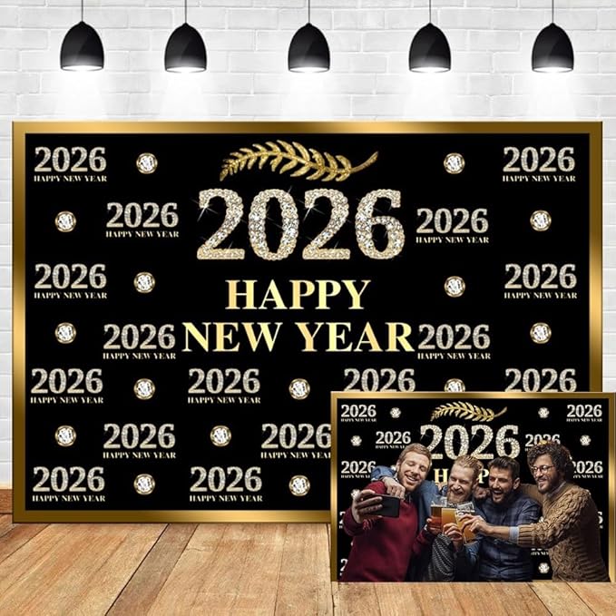 Leyiyi 12x8ft 2026 Happy New Year Backdrop Sparkling Diamond Black and Gold Photography Background Step and Repeat Diamond 2026 Photo Backdrop New Year Eve Holiday Party Photo Props