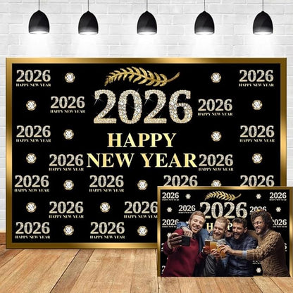 Leyiyi 12x8ft 2026 Happy New Year Backdrop Sparkling Diamond Black and Gold Photography Background Step and Repeat Diamond 2026 Photo Backdrop New Year Eve Holiday Party Photo Props