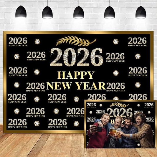 Leyiyi 5x3ft 2026 Happy New Year Backdrop Sparkling Diamond Black and Gold Photography Background Step and Repeat Diamond 2026 Photo Backdrop New Year Eve Holiday Party Photo Props