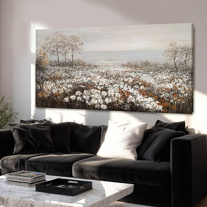 GAIDUOMAI Farmhouse Decor Tree and Ocean Wall Art White Flowers Vintage Artwork 24"x48" Grey Pictures Wall Decor for Dining Room Bedroom Office