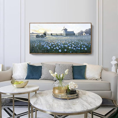 amatop Large Framed Country Landscape Wall Art – Blue Floral Canvas Art Print Vintage Rustic Farmhouse Picture Sunset Nature Artwork Wall Decor for Bedroom Dining Room Office Entryway 48x24 Inch