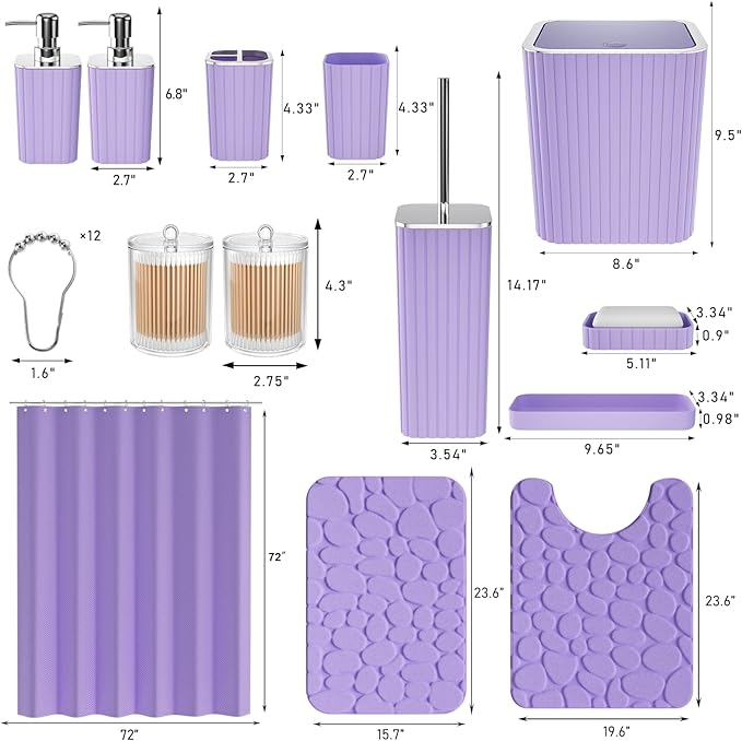 Bathroom Accessories Set - 25PC Bathroom Sets with Shower Curtain and Rugs, Purple Bathroom Accessories with Trash Can, Soap Dispenser, Soap Dish & Toilet Brush
