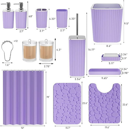 Bathroom Accessories Set - 25PC Bathroom Sets with Shower Curtain and Rugs, Purple Bathroom Accessories with Trash Can, Soap Dispenser, Soap Dish & Toilet Brush