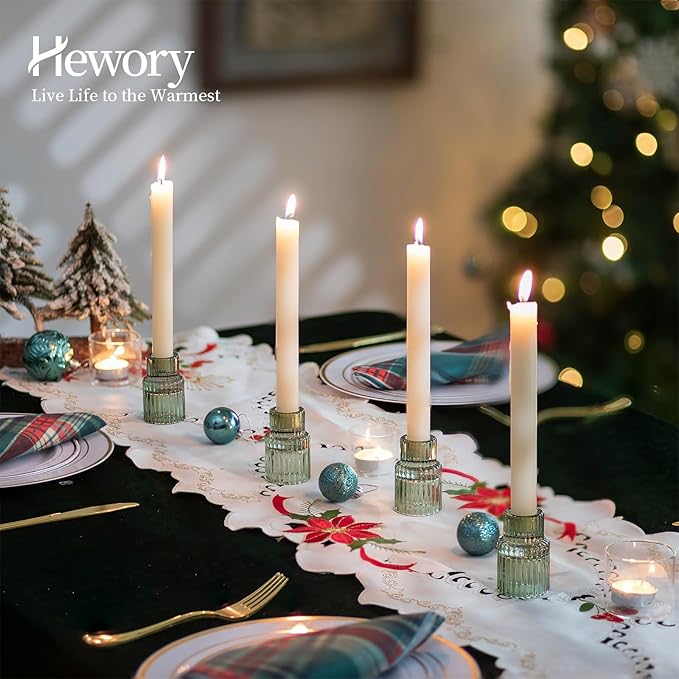 Hewory Glass Taper Candle Holders: 10 PCS Green Vintage Candle Holder Candlestick Holders Bulk, Ribbed Glass Candle Holder Candle Sticks Holder Decor for Table Centerpiece Wedding Christmas Home Decor